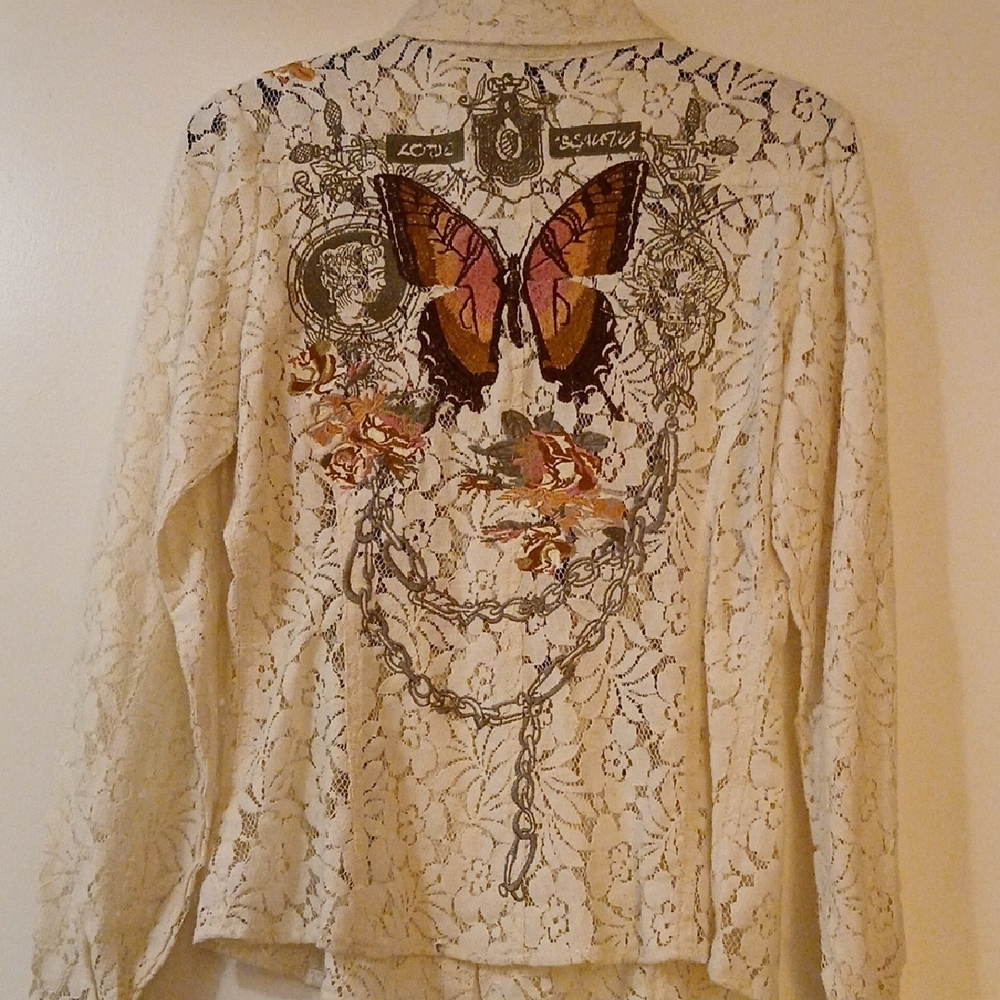 Floral Embroidered Lace Blouse Button Down - Cream L BUTTERFLIES. Love Beauty - Picture 3 of 10